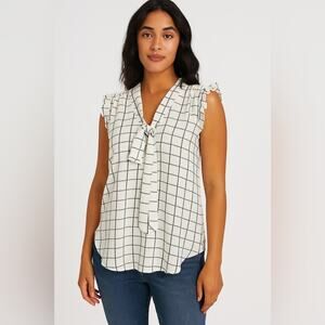 Fun & Flirt by Japna Black & White Sleeveless Front Tie Grid Pattern Print Top